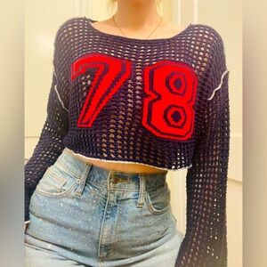 Jaded London UO Sporty Varsity Crochet Knit Long Sleeve Crop Top - Size XS
